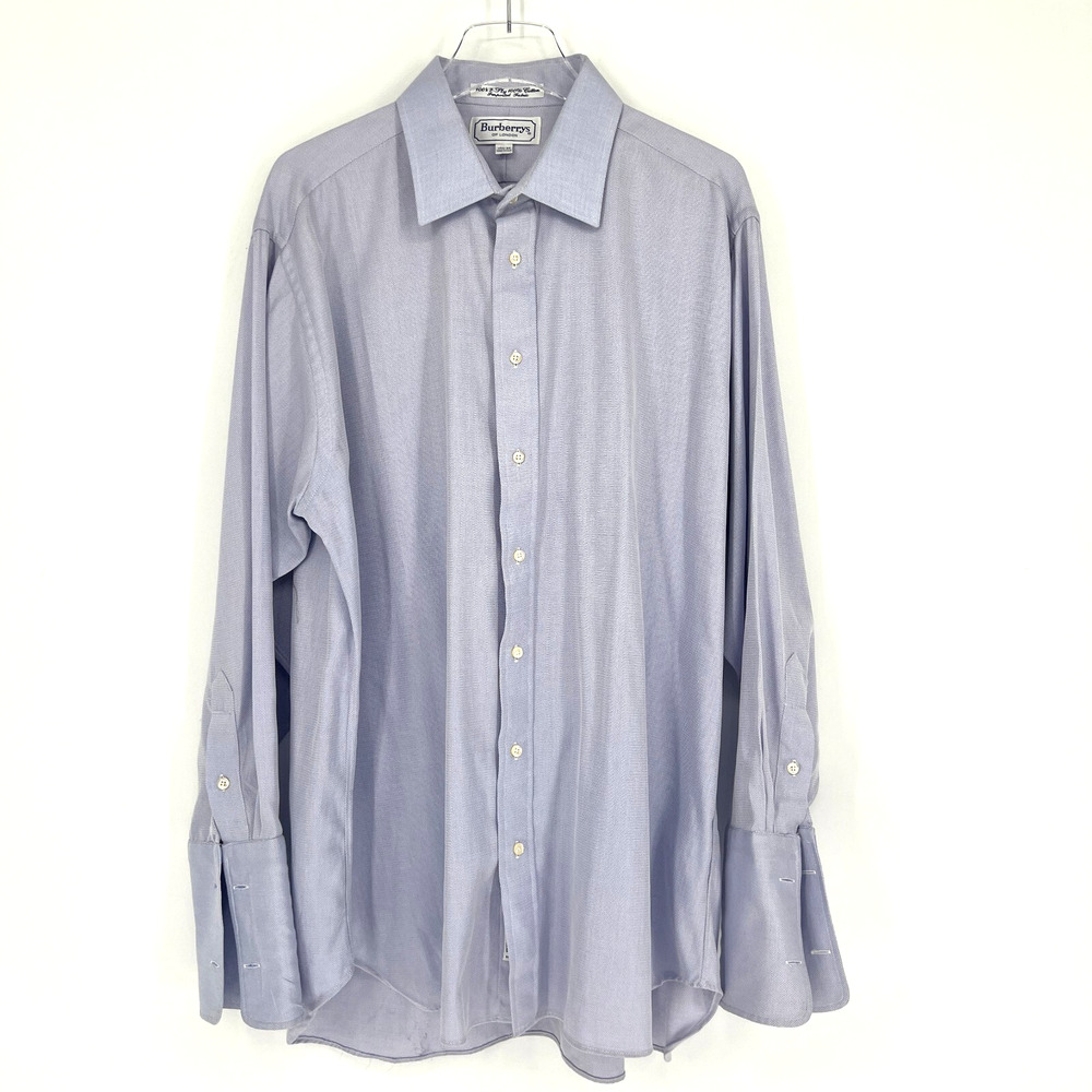 Vtg Burberry Button Down Mens 17.5/34 Blue Herringbone‎ Classic French Cuff
